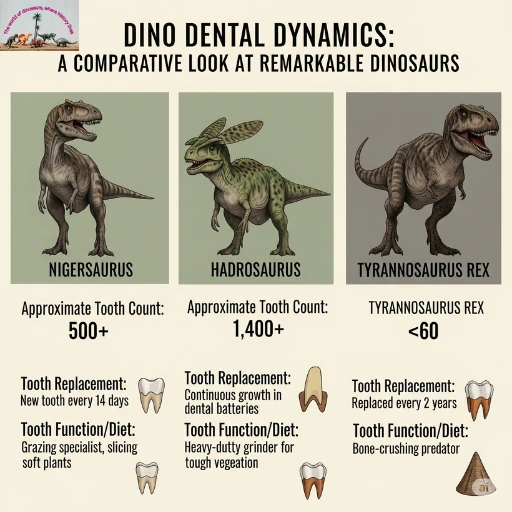 What dinosaur has 500 teeth? This chart compares Nigersaurus (500+ teeth), Hadrosaurus (1,400+ teeth), and T. rex (under 60 teeth), showing tooth count, replacement rate, and diet.