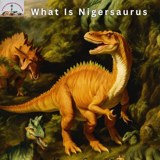 Illustration of Nigersaurus and other dinosaurs in a prehistoric jungle with the text "What Is Nigersaurus" on top.